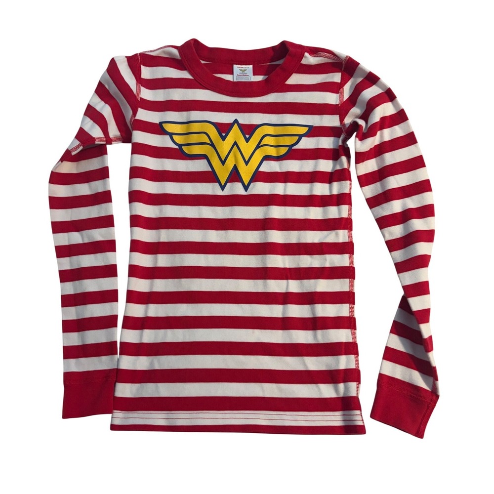 Hanna Andersson Pajama Top Wonder Woman Striped Red White Organic Cotton Size 12